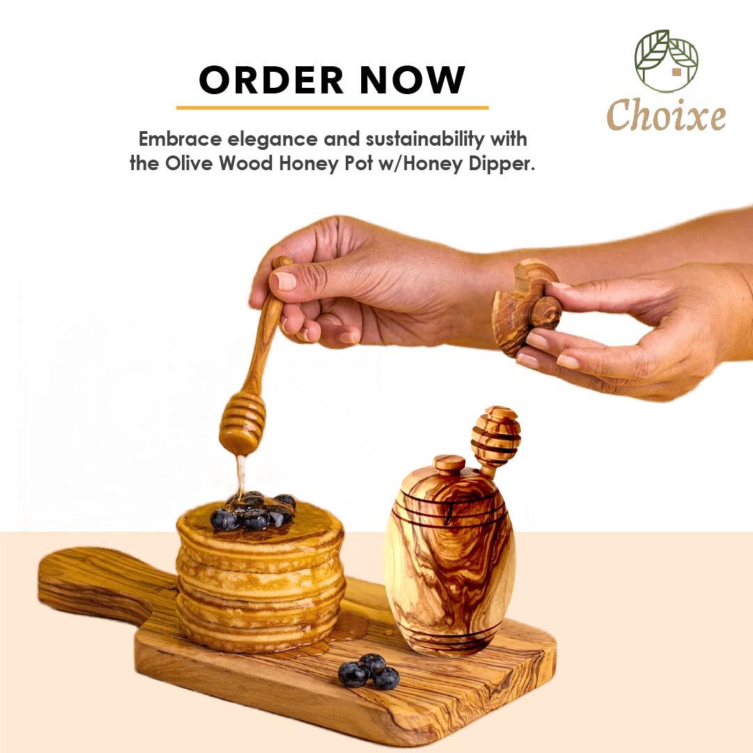 Olive Wood Honey Pot w/Honey Dipper info3_front