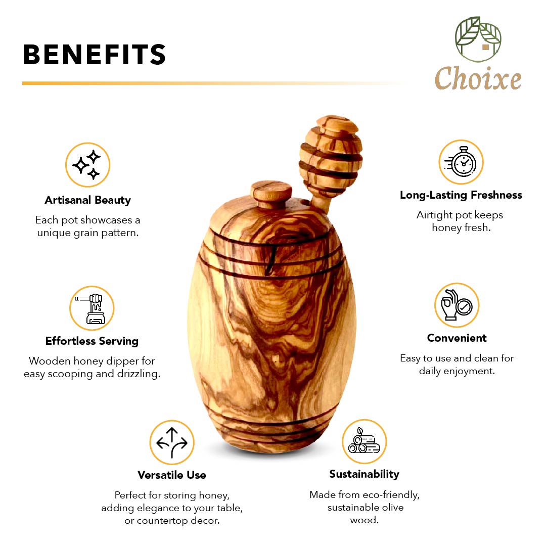 Olive Wood Honey Pot w/Honey Dipper info 2_front