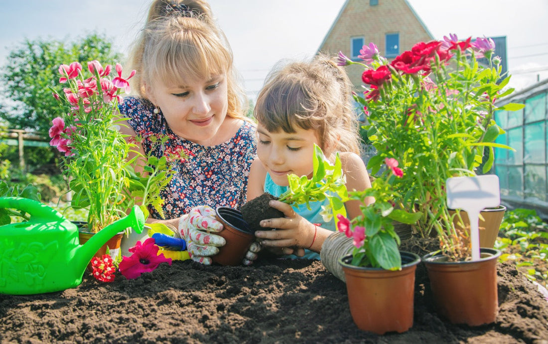 parent, child, gardening, planting, outdoor, together
