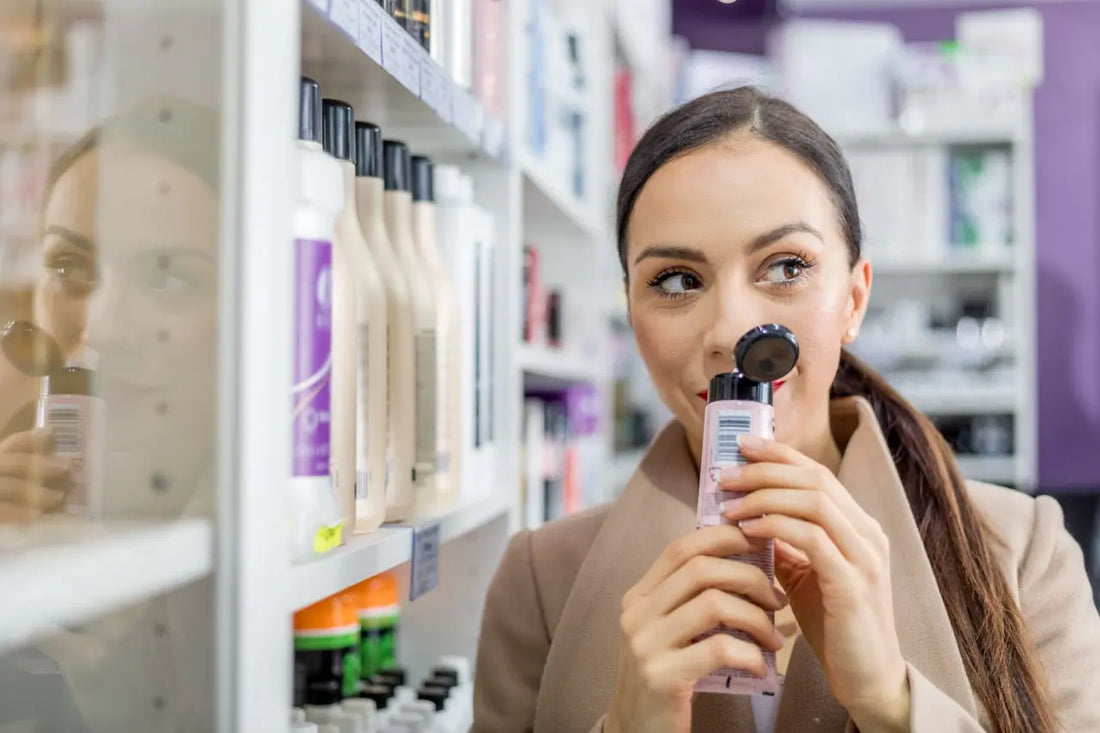 smiling woman in cosmetic store looking for beauty skin care products