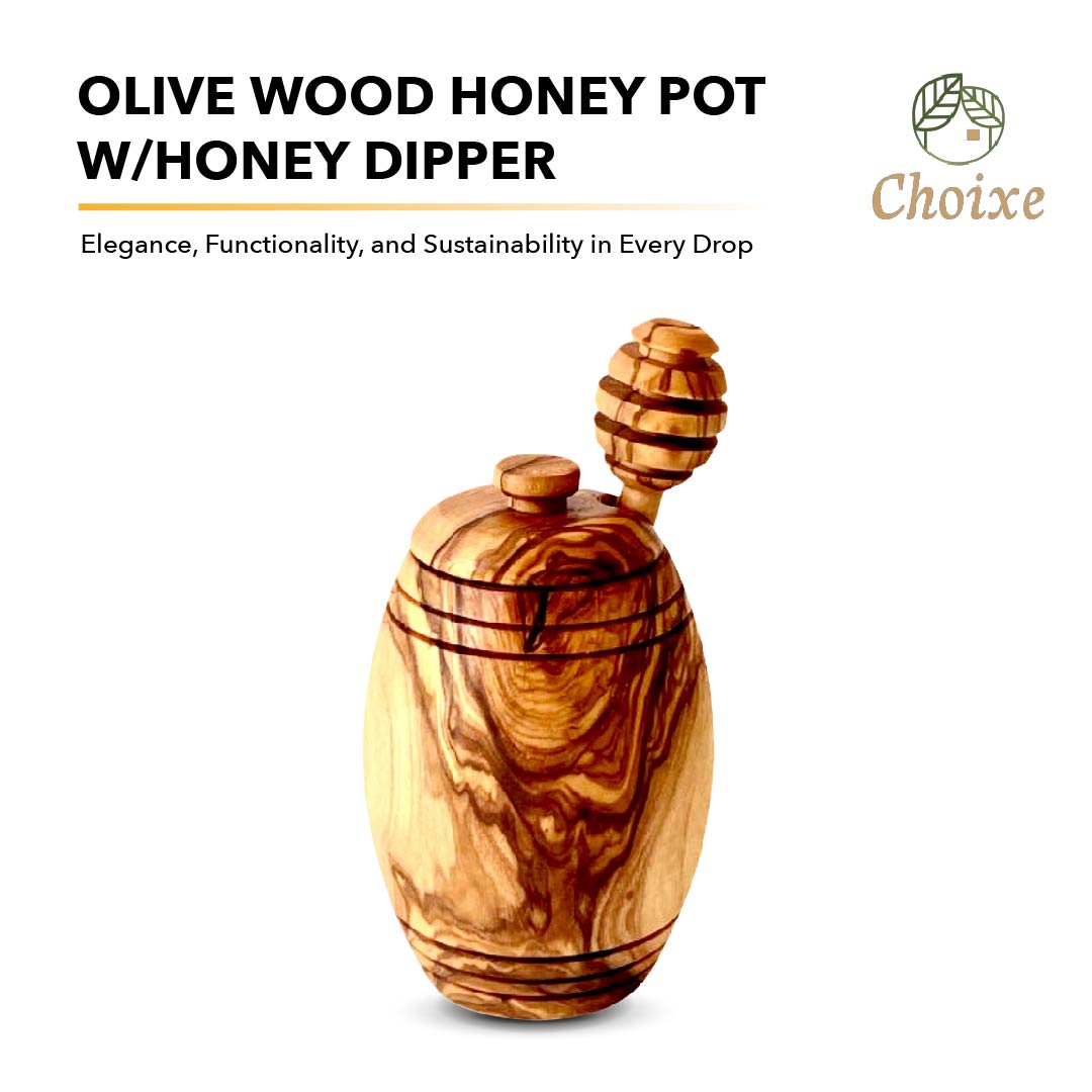 Olive Wood Honey Pot w/Honey Dipper_MAIN FRONT