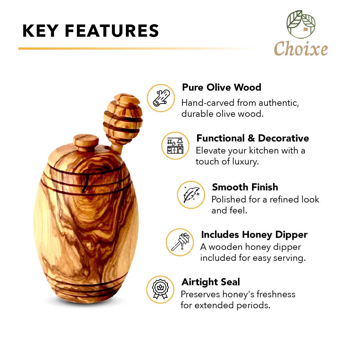 Olive Wood Honey Pot w/Honey Dipper info_front