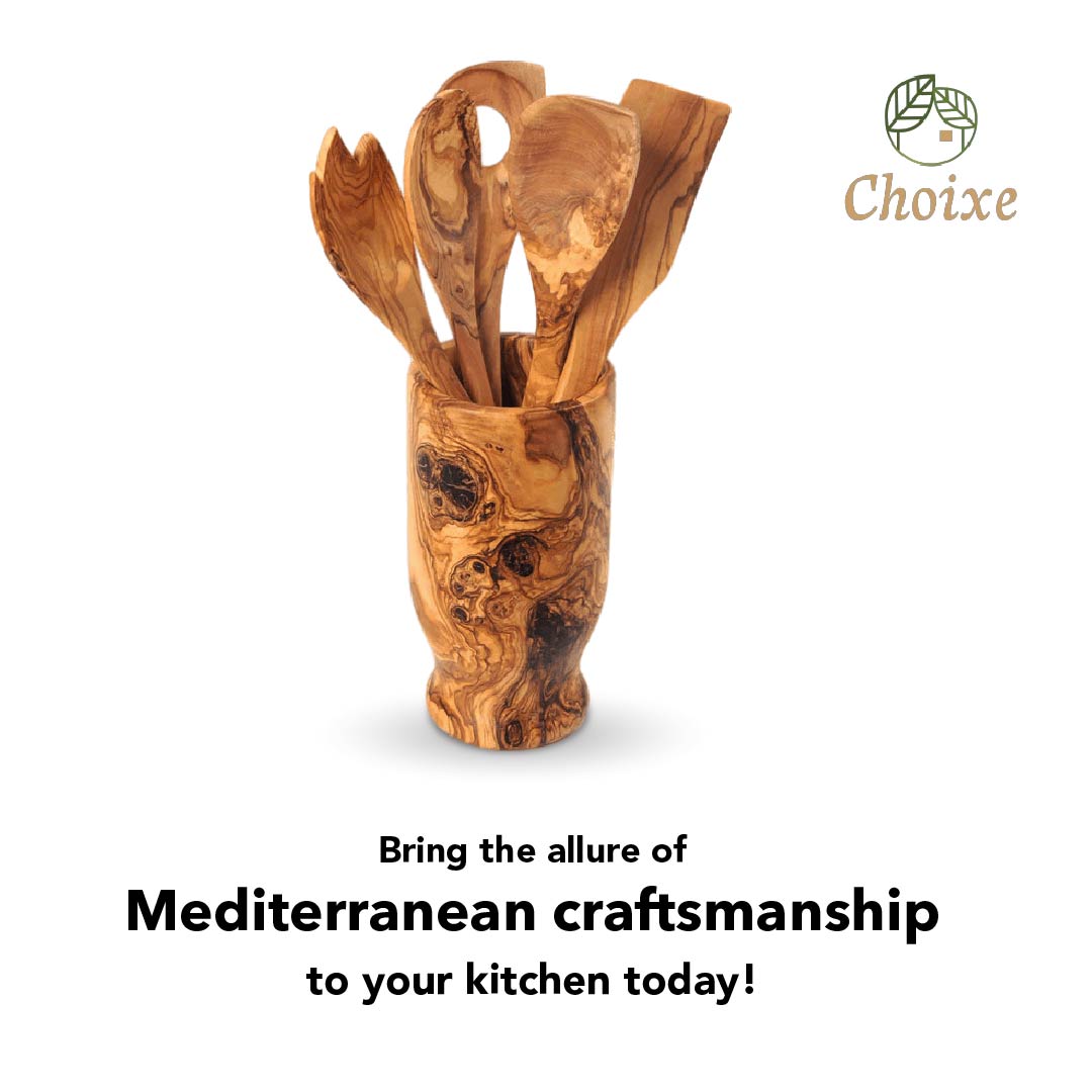 Olive Wood Kitchen Servers Set w/Holder -6 Pcs Jade Chrysippus