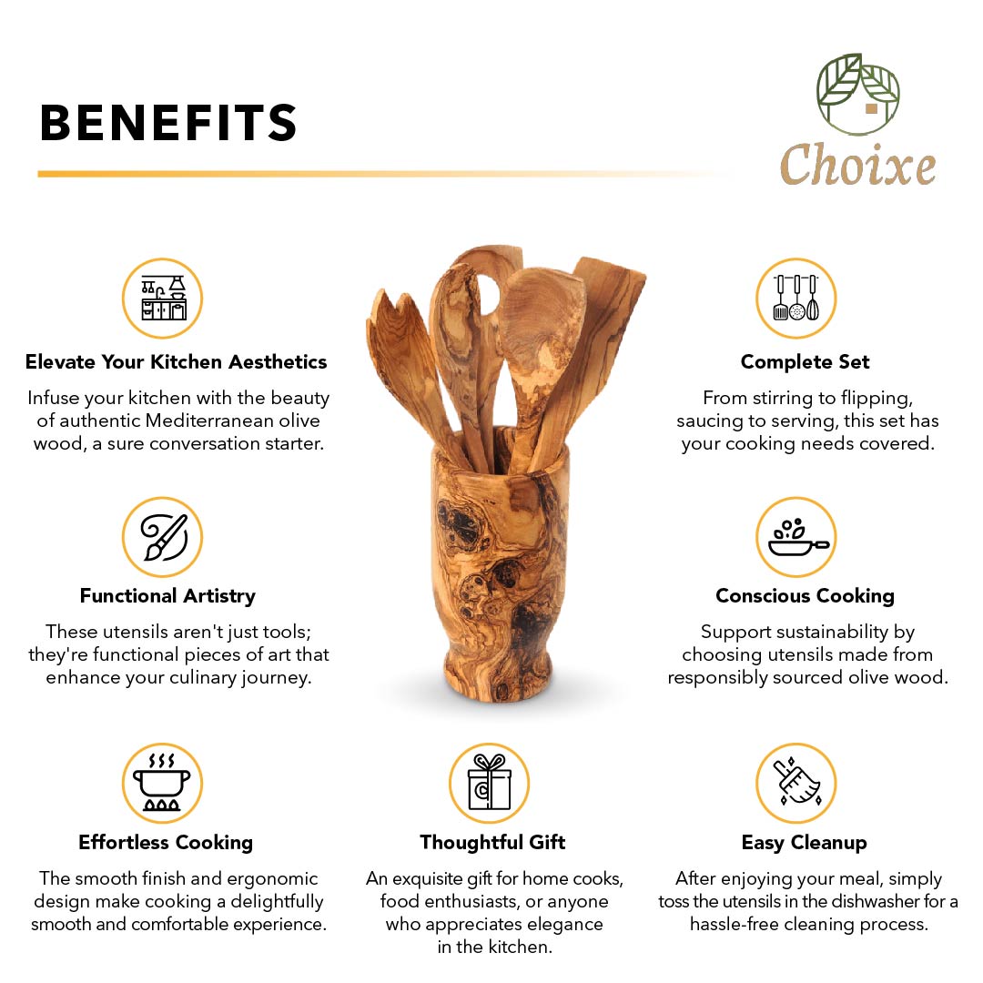 Olive Wood Kitchen Servers Set w/Holder -6 Pcs Jade Chrysippus