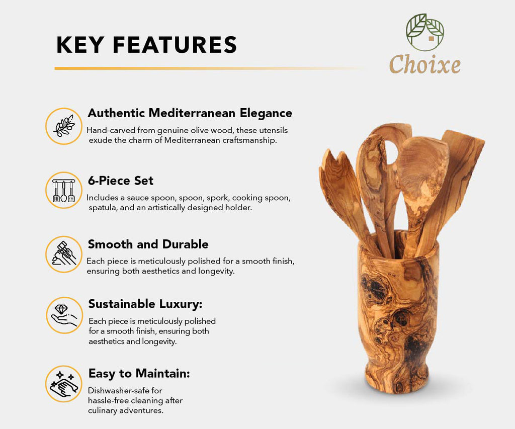 Olive Wood Kitchen Servers Set w/Holder -6 Pcs Jade Chrysippus