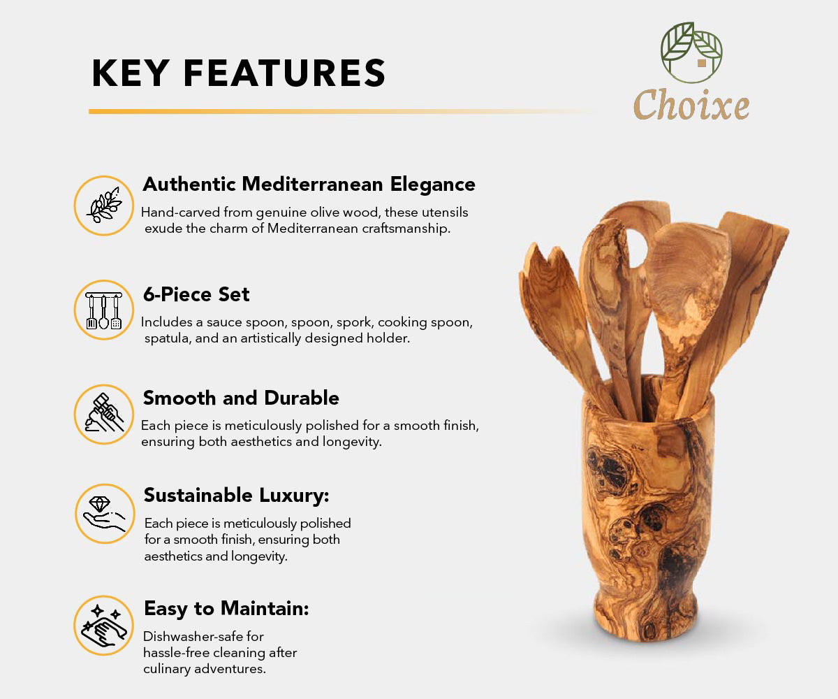 Olive Wood Kitchen Servers Set w/Holder -6 Pcs Jade Chrysippus