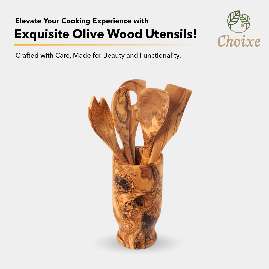 Olive Wood Kitchen Servers Set w/Holder -6 Pcs Jade Chrysippus